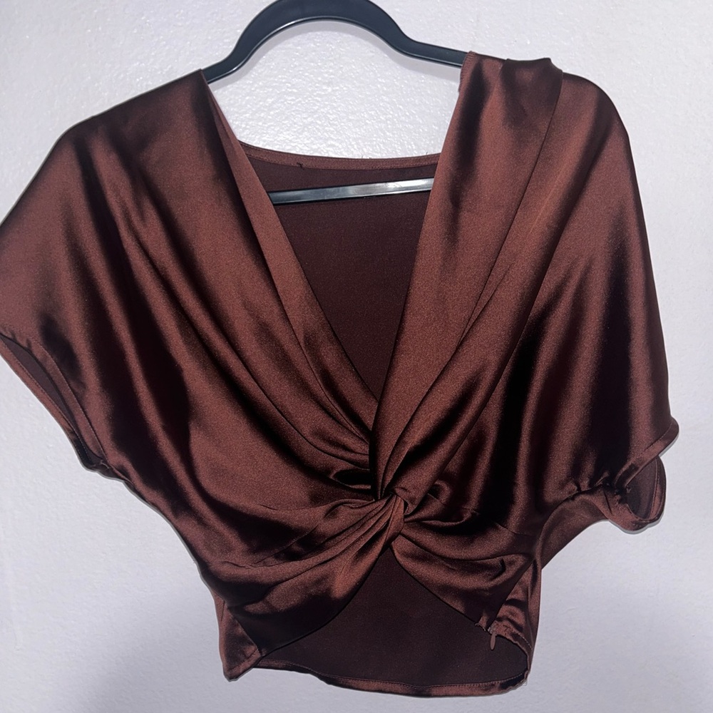 Satin/Silk Brown tie front crop top